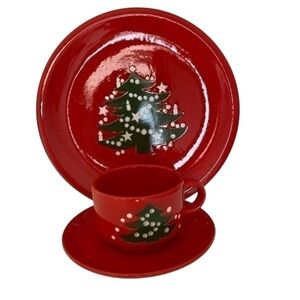 Vintage  Waechterbach Red Green Ceramic Dinner Plate Coffee Cup Dinnerware NWOT